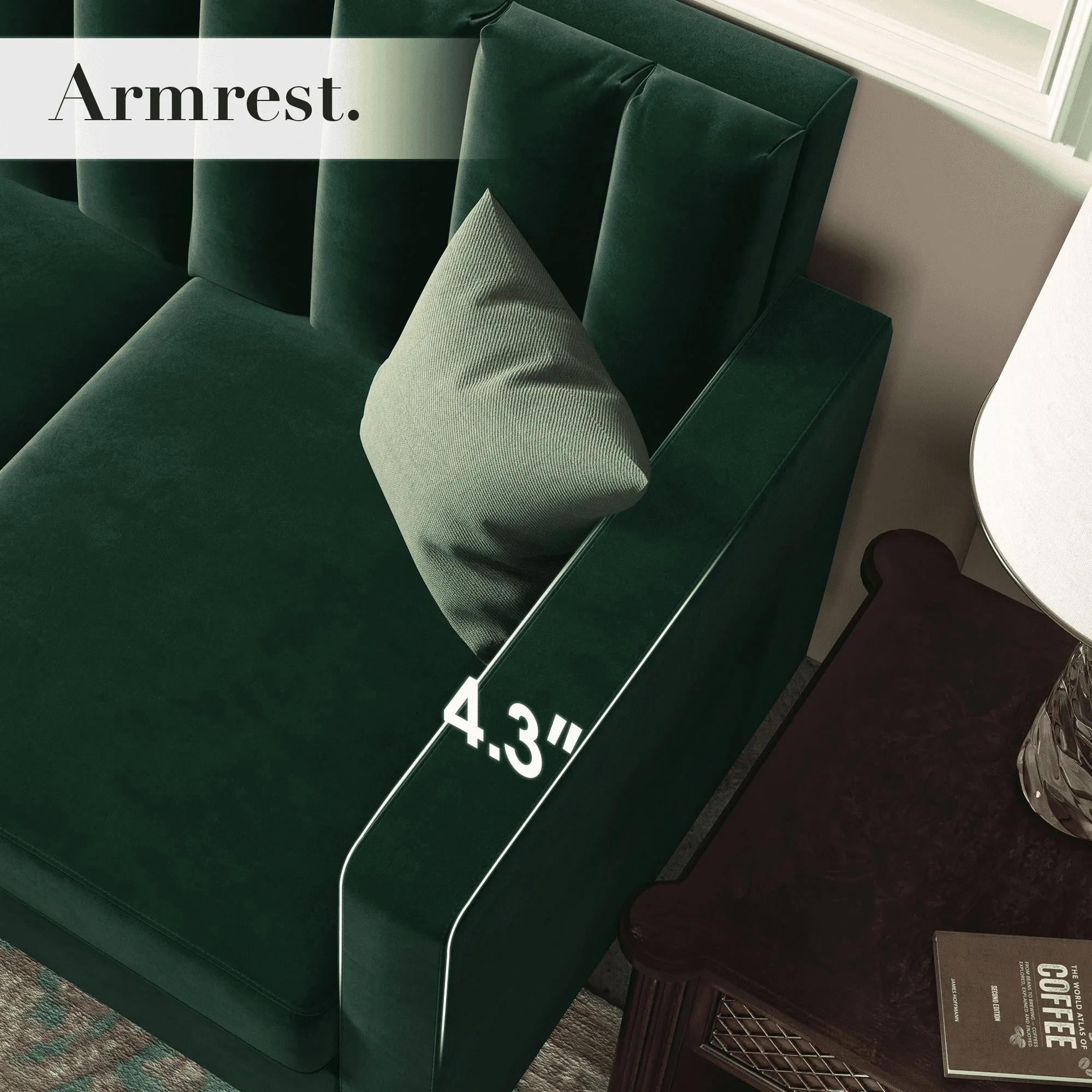 Mid-Century Velvet Sectional Sofa Couch with Double Chaise with Ottoman, Green