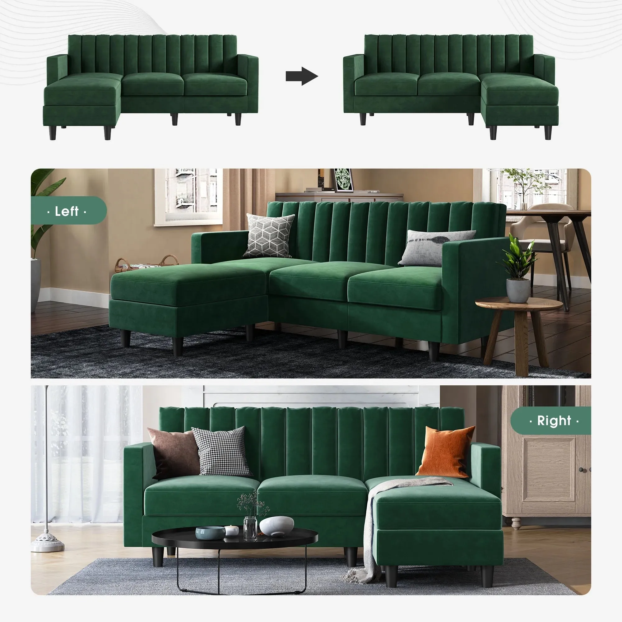 Mid-Century Velvet Sectional Sofa Couch with Double Chaise with Ottoman, Green