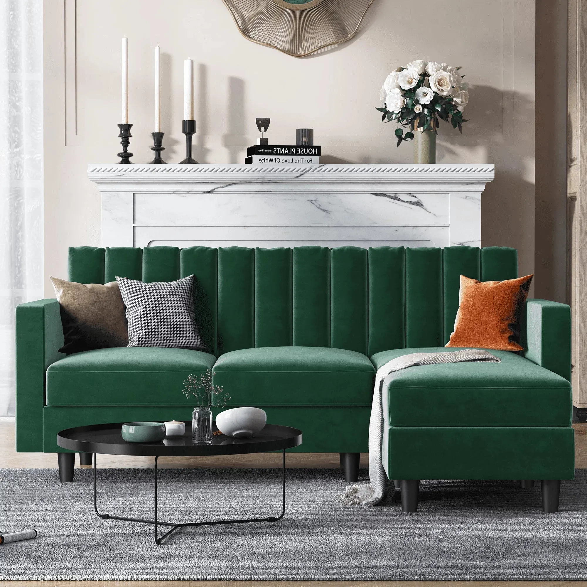 Mid-Century Velvet Sectional Sofa Couch with Double Chaise with Ottoman, Green