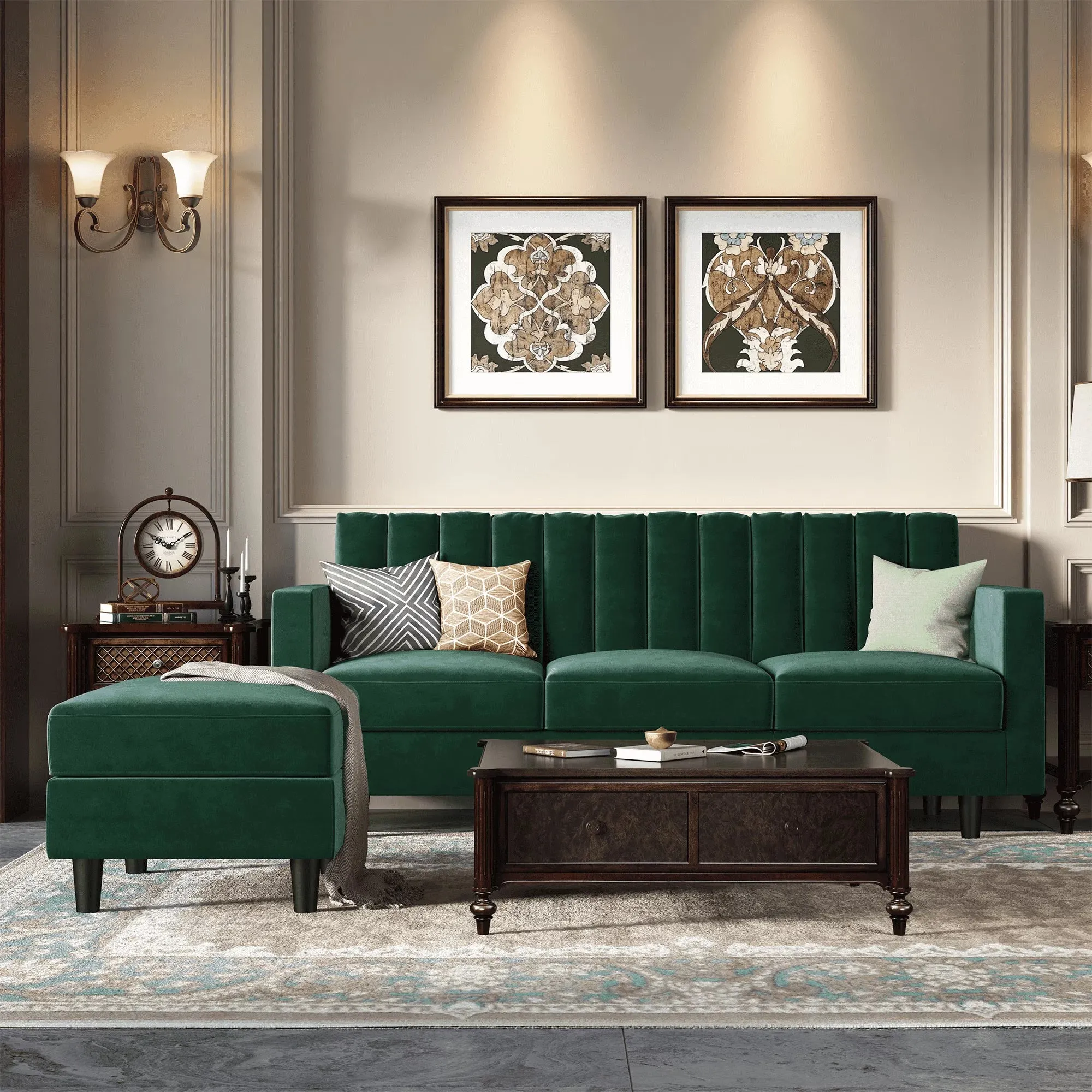 Mid-Century Velvet Sectional Sofa Couch with Double Chaise with Ottoman, Green