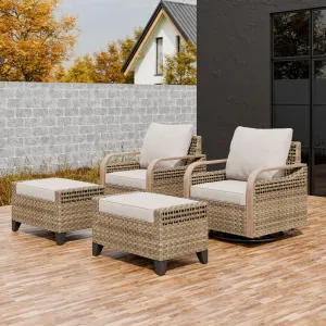 Modern Wicker Outdoor Glider Rocking Chair,2 Chairs 2 Ottomans, 4 Piece, Brown/Gray
