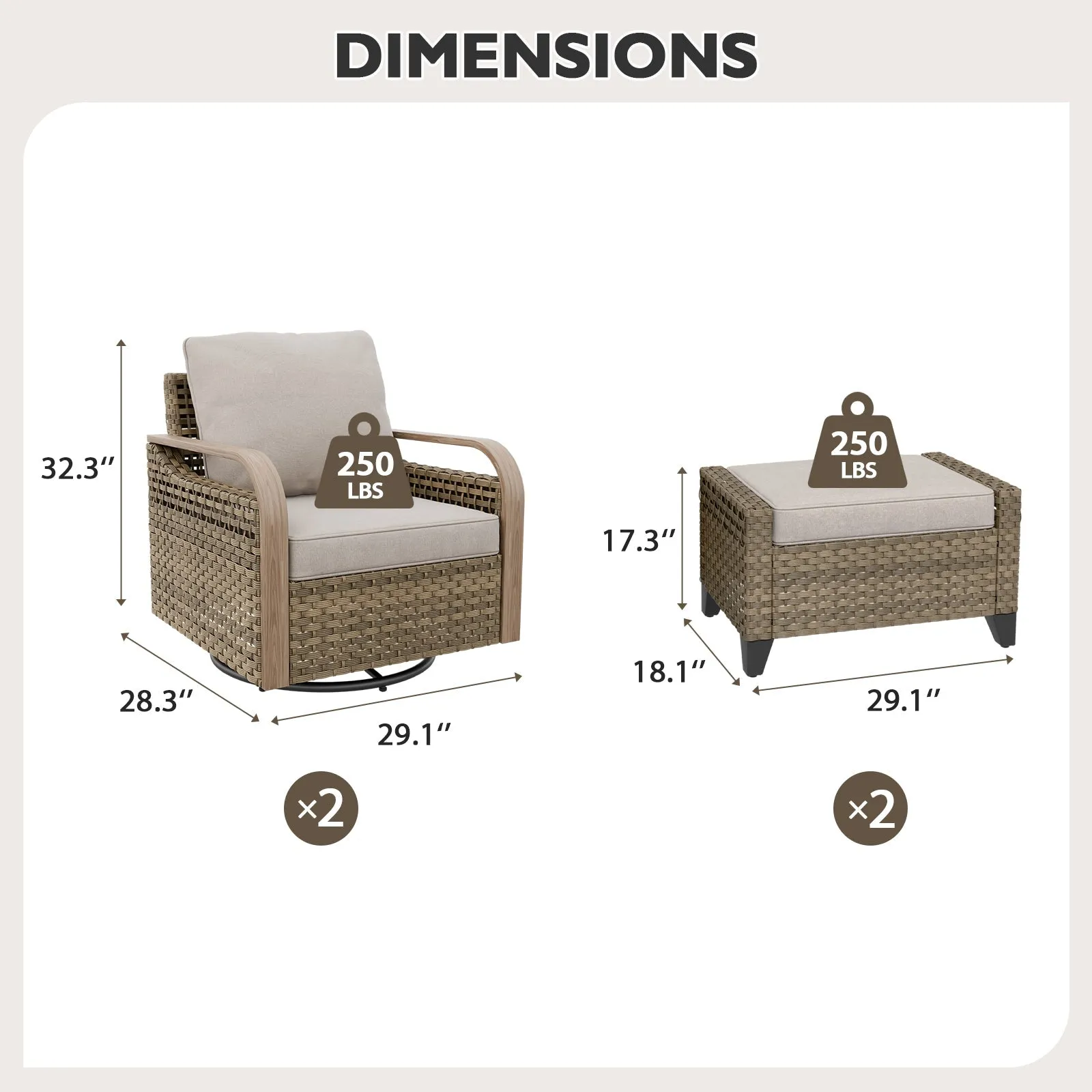 Modern Wicker Outdoor Glider Rocking Chair,2 Chairs 2 Ottomans, 4 Piece, Brown/Gray