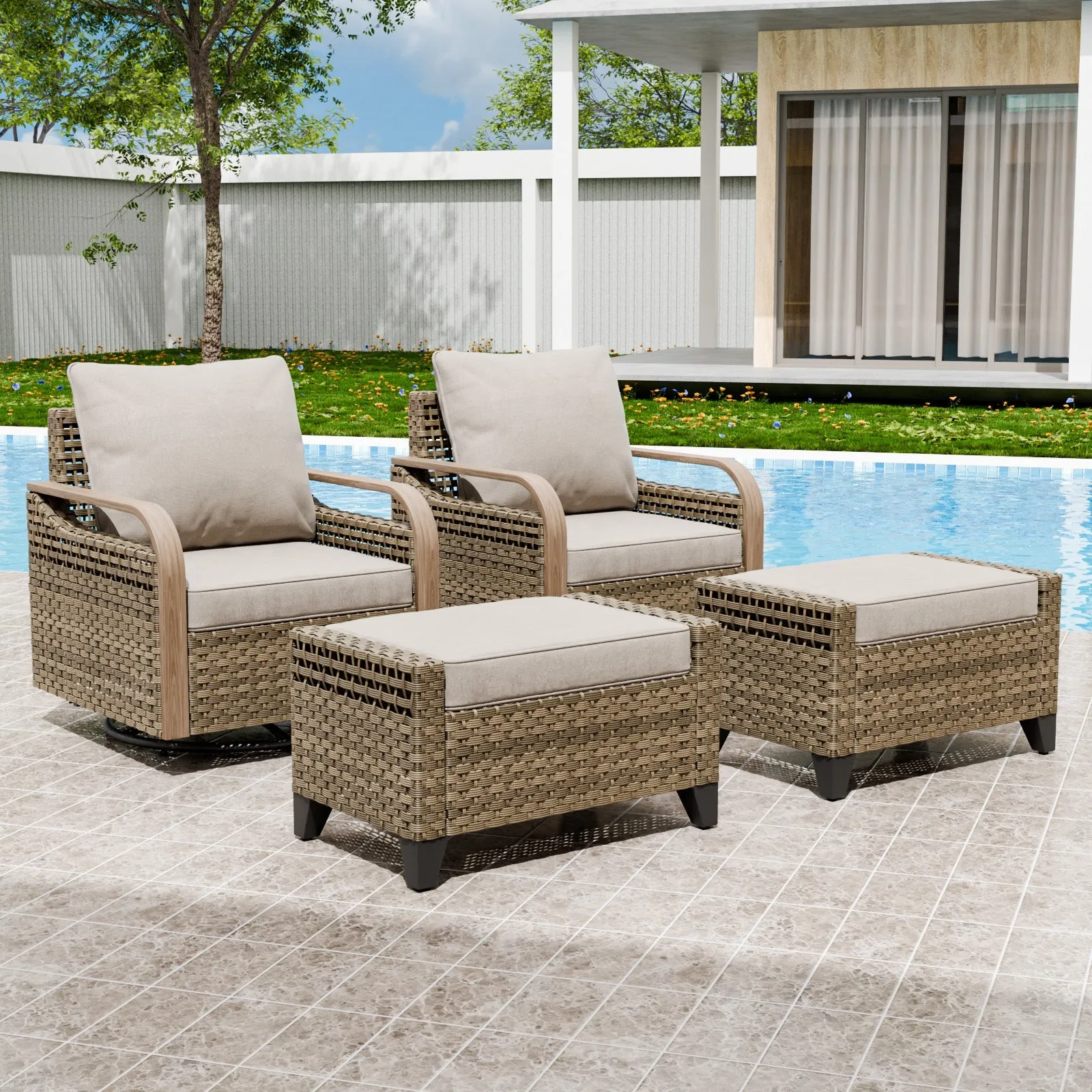 Modern Wicker Outdoor Glider Rocking Chair,2 Chairs 2 Ottomans, 4 Piece, Brown/Gray