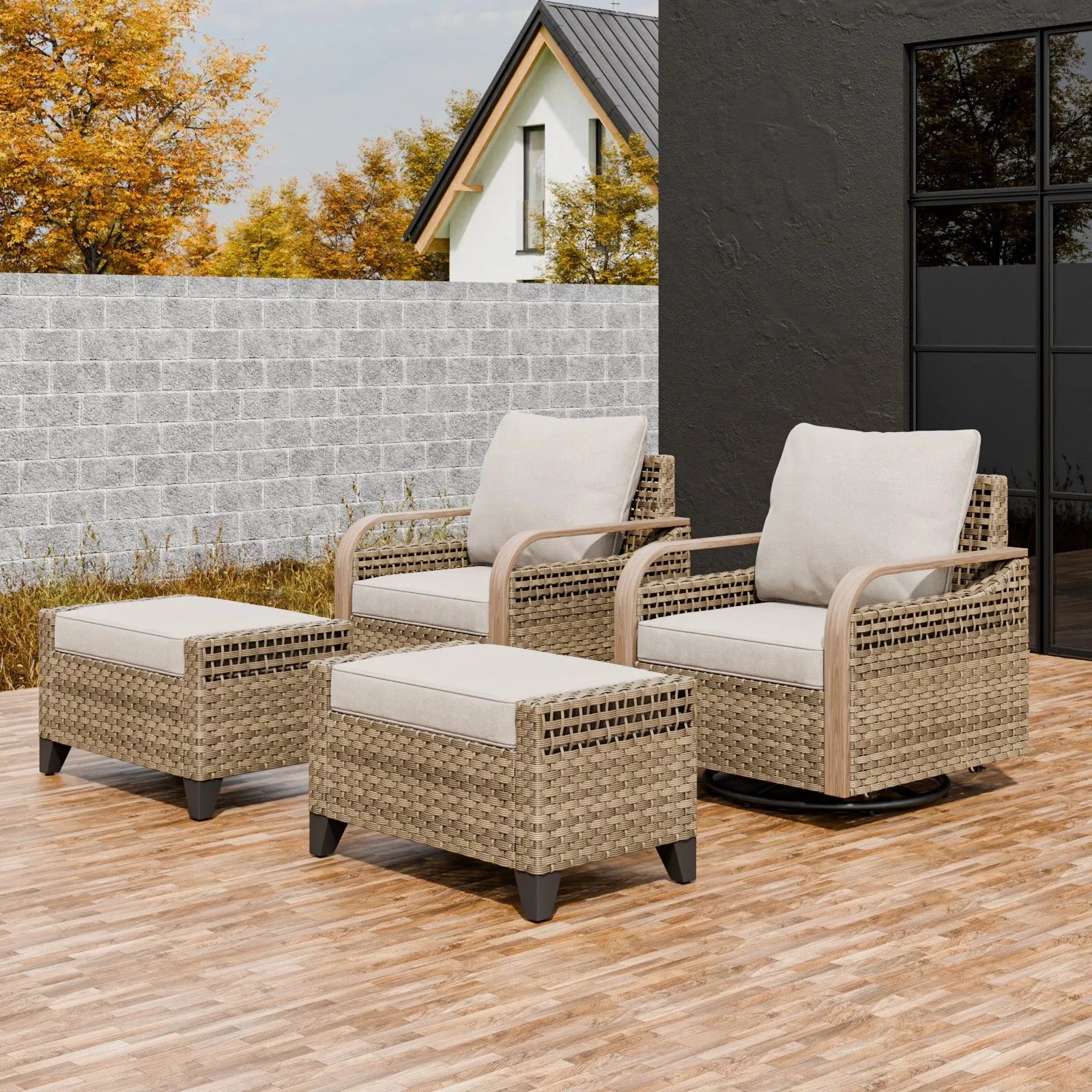 Modern Wicker Outdoor Glider Rocking Chair,2 Chairs 2 Ottomans, 4 Piece, Brown/Gray