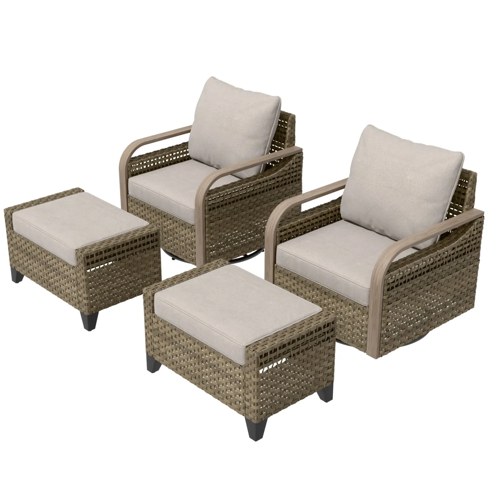 Modern Wicker Outdoor Glider Rocking Chair,2 Chairs 2 Ottomans, 4 Piece, Brown/Gray