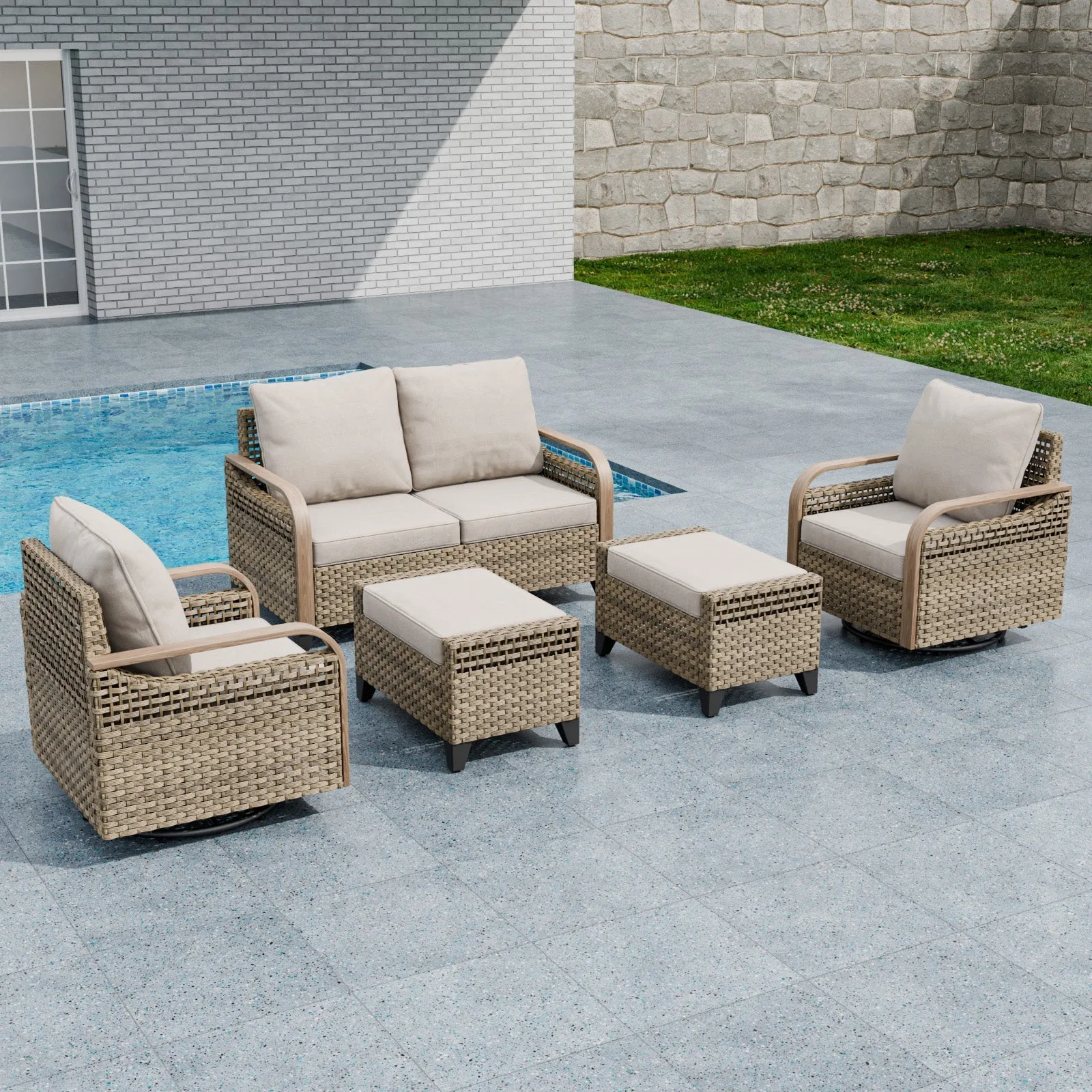 Modern Wicker Outdoor Patio Furniture Set,2 Swivel Rocking Chairs, 2-Seat Loveseat and 2 Ottomans, 5 Pieces, Brown/Gray