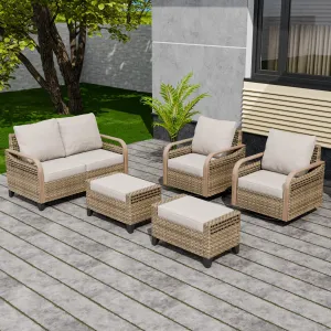 Modern Wicker Outdoor Patio Furniture Set,2 Swivel Rocking Chairs, 2-Seat Loveseat and 2 Ottomans, 5 Pieces, Brown/Gray