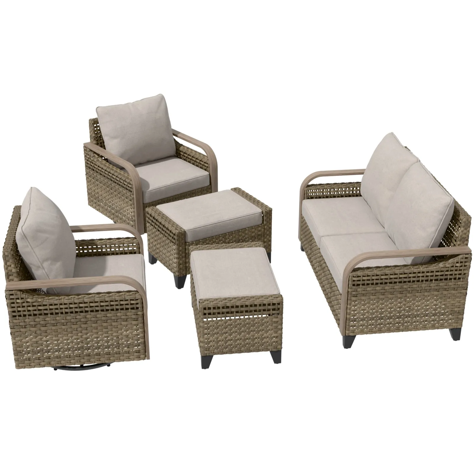 Modern Wicker Outdoor Patio Furniture Set,2 Swivel Rocking Chairs, 2-Seat Loveseat and 2 Ottomans, 5 Pieces, Brown/Gray
