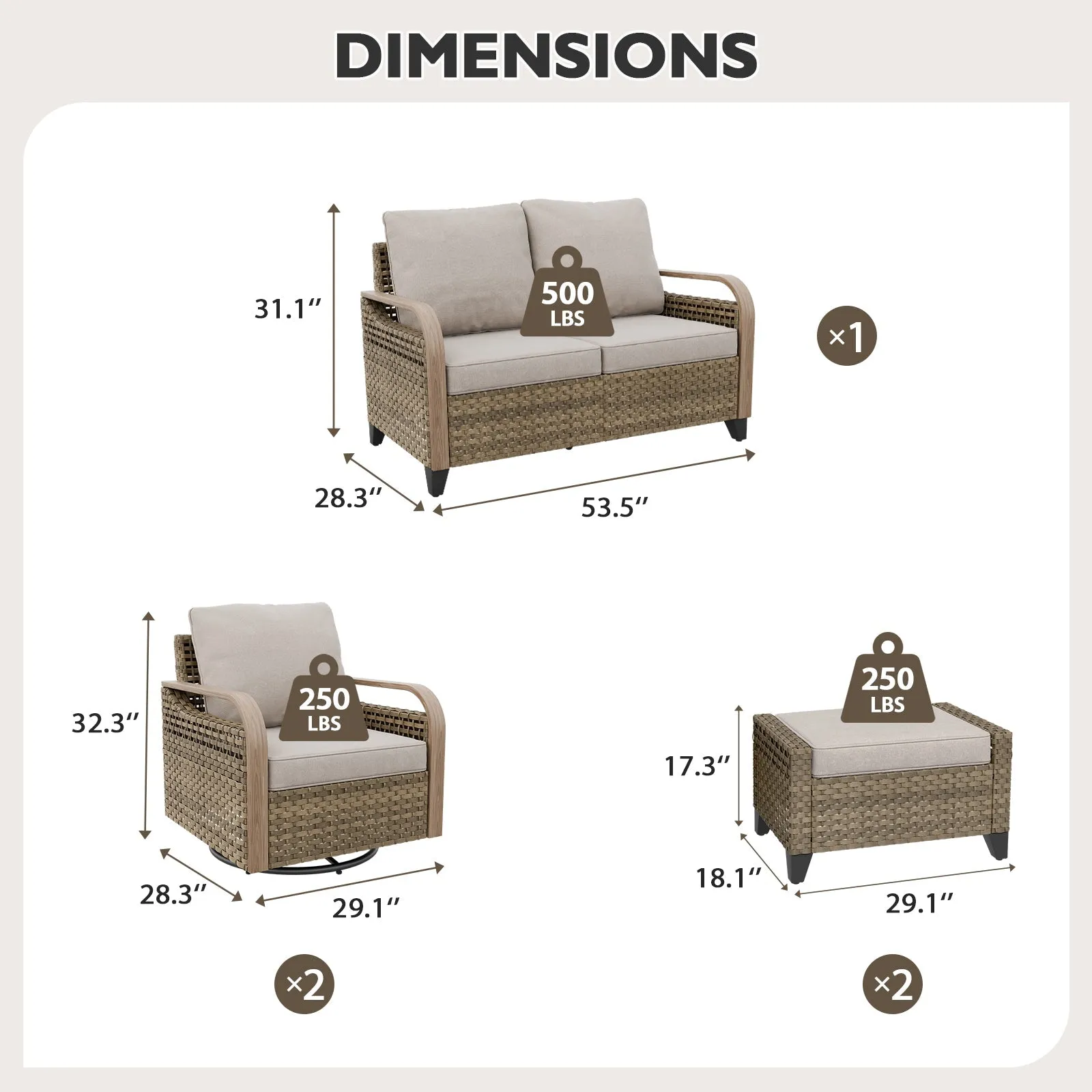 Modern Wicker Outdoor Patio Furniture Set,2 Swivel Rocking Chairs, 2-Seat Loveseat and 2 Ottomans, 5 Pieces, Brown/Gray