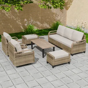 Modern Wicker Outdoor Patio Furniture Set,2 Swivel Rocking Chairs, 3-Seat Loveseat, 2 Ottomans and Coffee Table, 6 Pieces, Brown/Gray