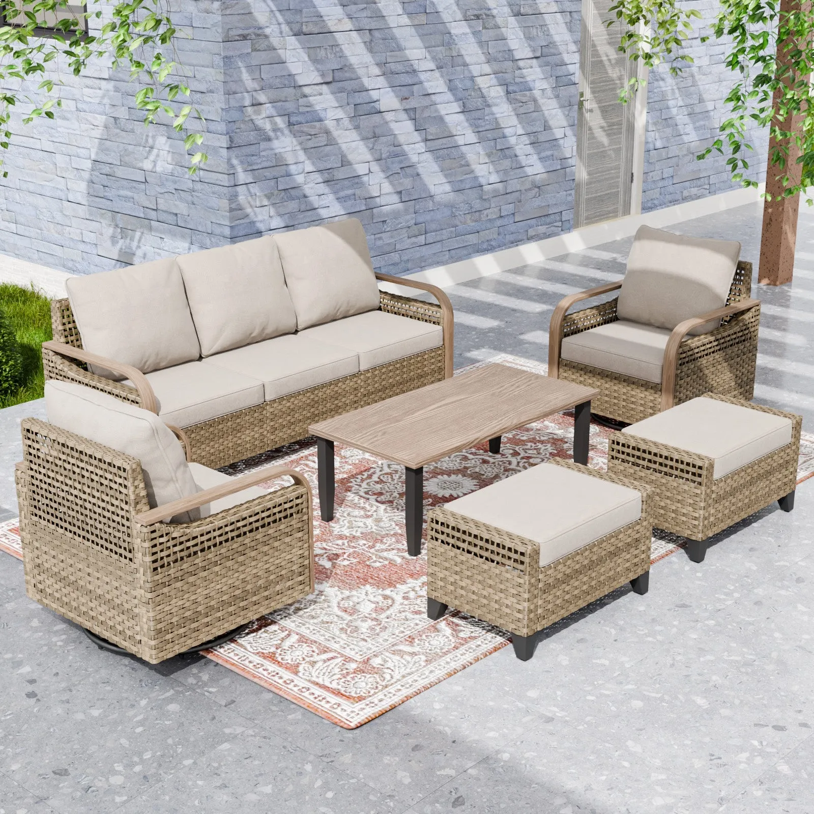 Modern Wicker Outdoor Patio Furniture Set,2 Swivel Rocking Chairs, 3-Seat Loveseat, 2 Ottomans and Coffee Table, 6 Pieces, Brown/Gray