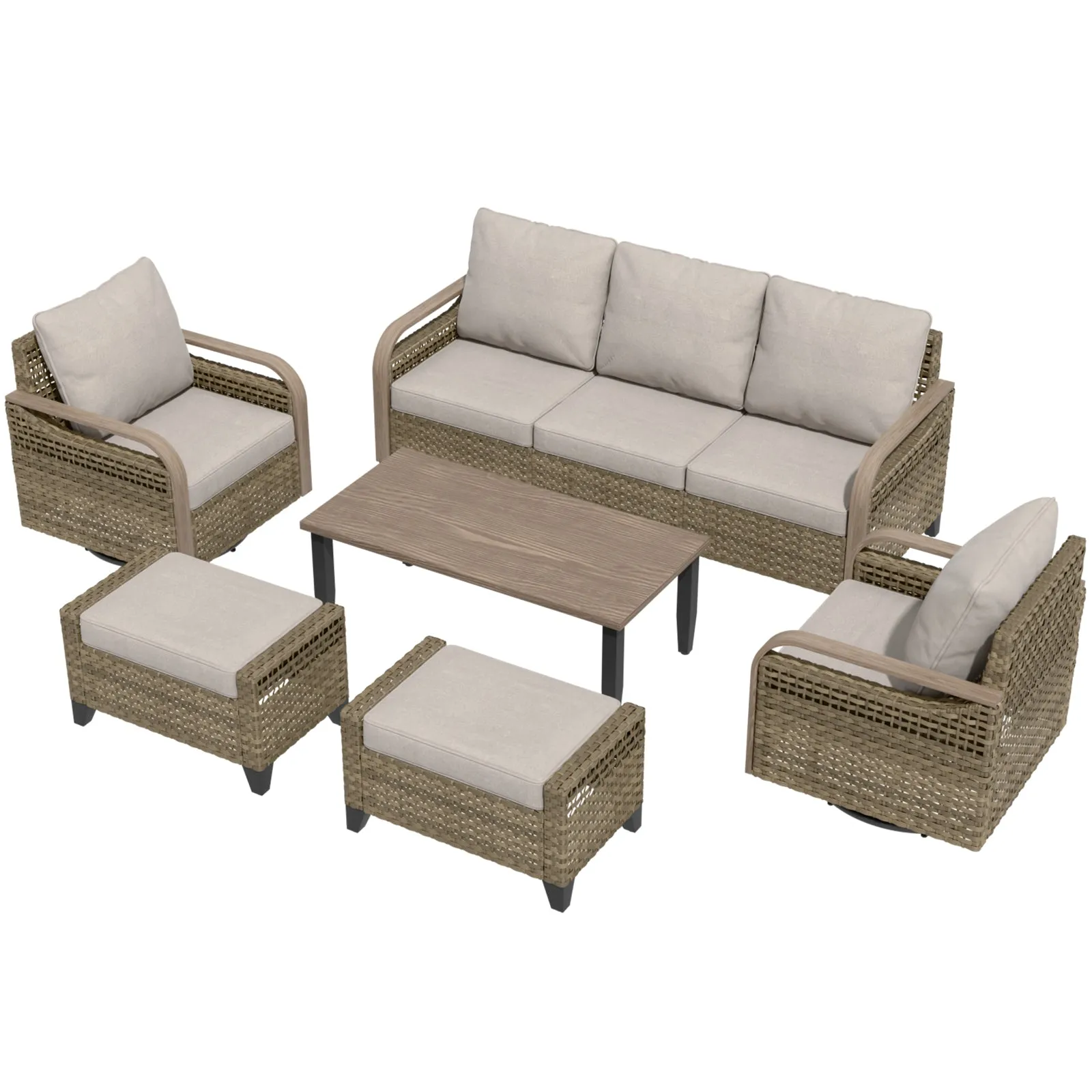 Modern Wicker Outdoor Patio Furniture Set,2 Swivel Rocking Chairs, 3-Seat Loveseat, 2 Ottomans and Coffee Table, 6 Pieces, Brown/Gray