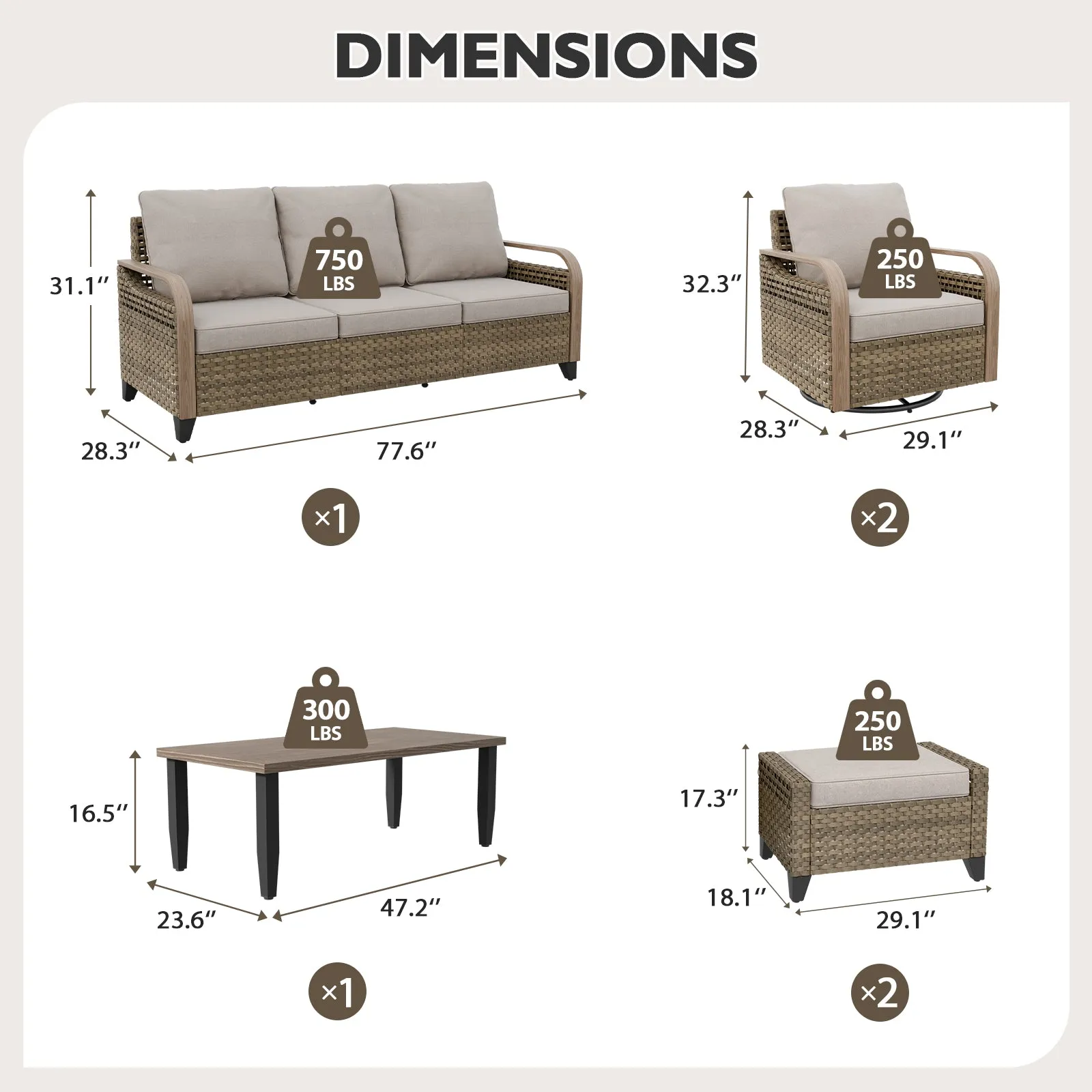 Modern Wicker Outdoor Patio Furniture Set,2 Swivel Rocking Chairs, 3-Seat Loveseat, 2 Ottomans and Coffee Table, 6 Pieces, Brown/Gray