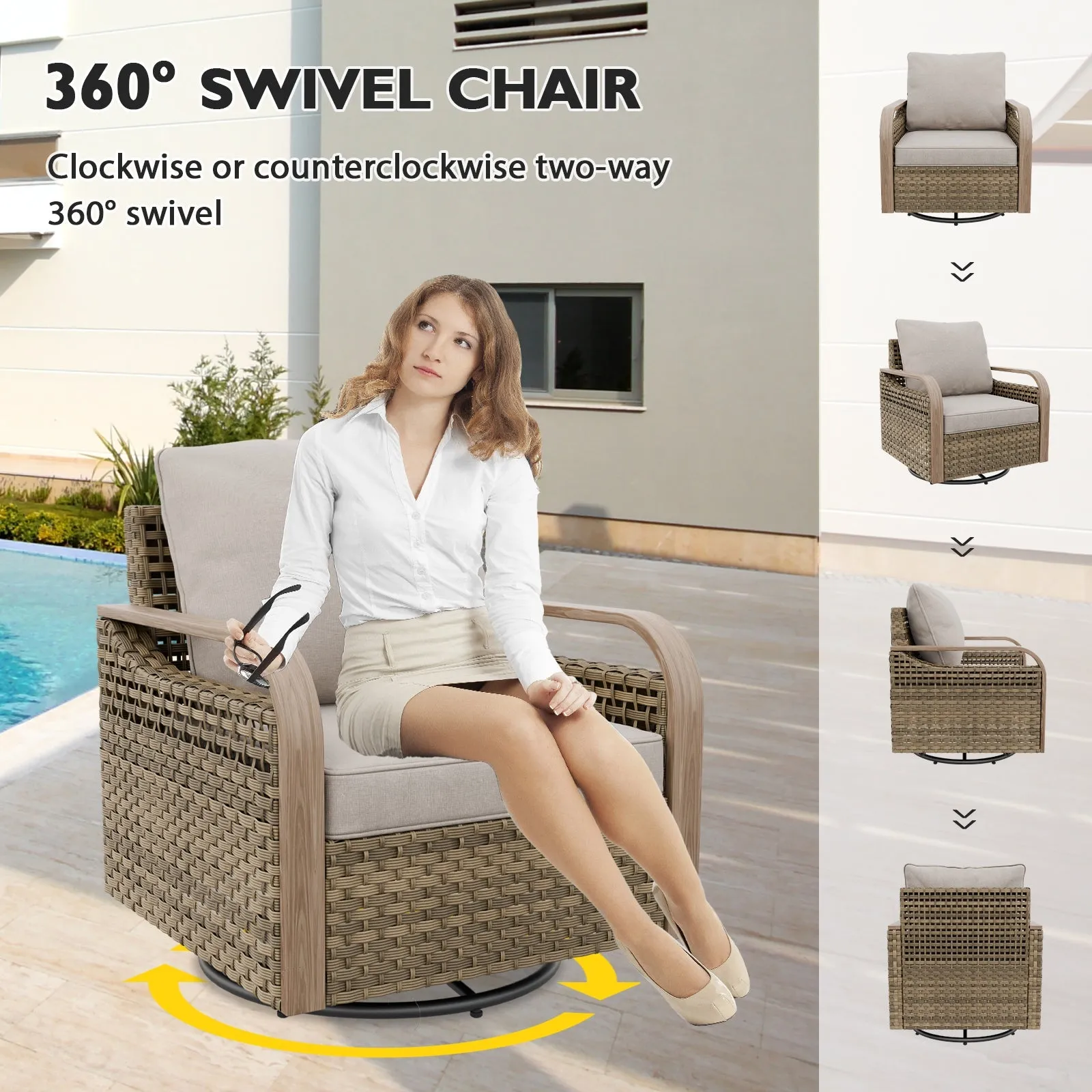 Modern Wicker Outdoor Patio Furniture Set,2 Swivel Rocking Chairs, 3-Seat Loveseat, 2 Ottomans and Coffee Table, 6 Pieces, Brown/Gray