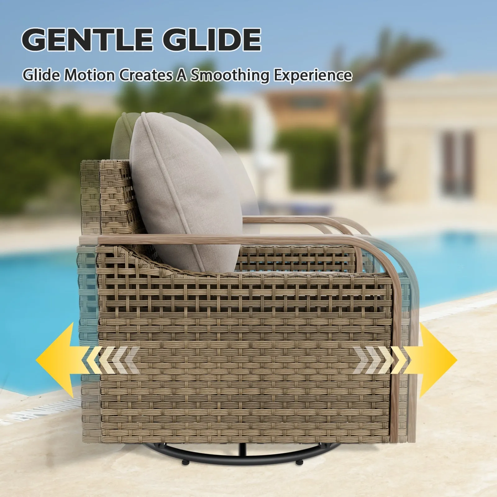 Modern Wicker Outdoor Patio Furniture Set,2 Swivel Rocking Chairs, 3-Seat Loveseat, 2 Ottomans and Coffee Table, 6 Pieces, Brown/Gray