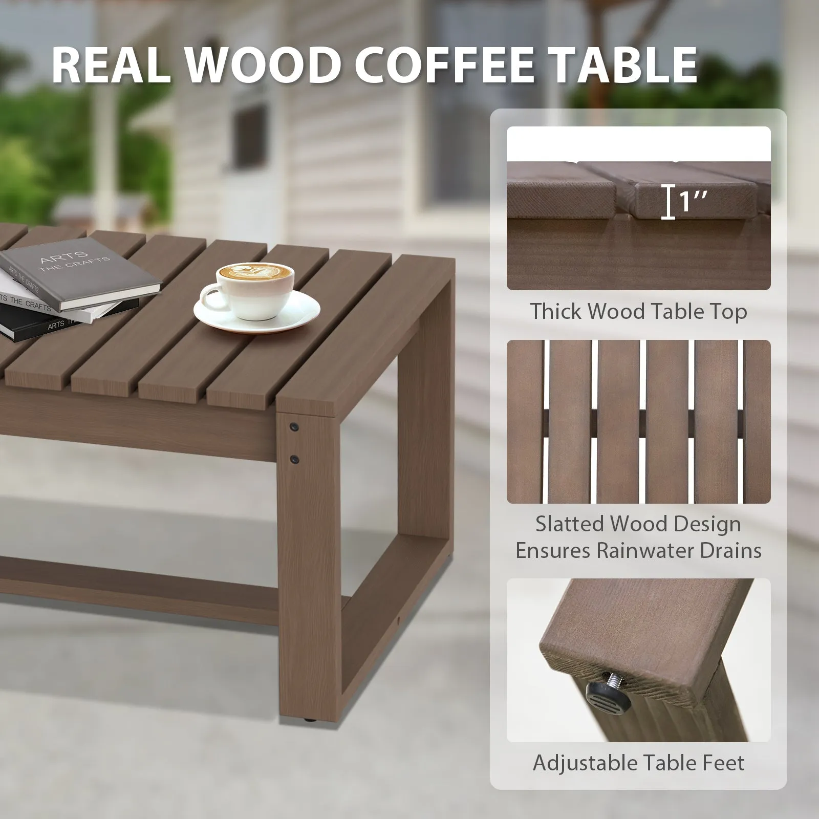 Natural Wood Furniture Set, Sofa, 2 Ottomans and Coffee Table, 4 Pieces