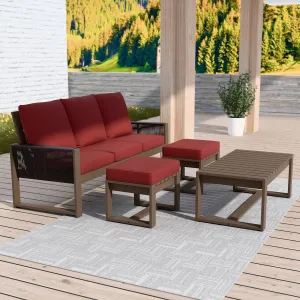 Natural Wood Furniture Set, Sofa, 2 Ottomans and Coffee Table, 4 Pieces
