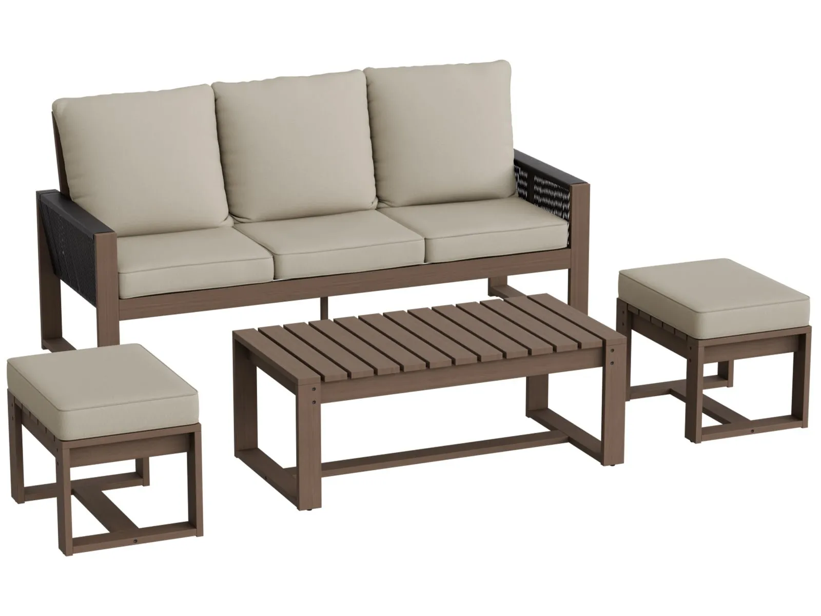 Natural Wood Furniture Set, Sofa, 2 Ottomans and Coffee Table, 4 Pieces