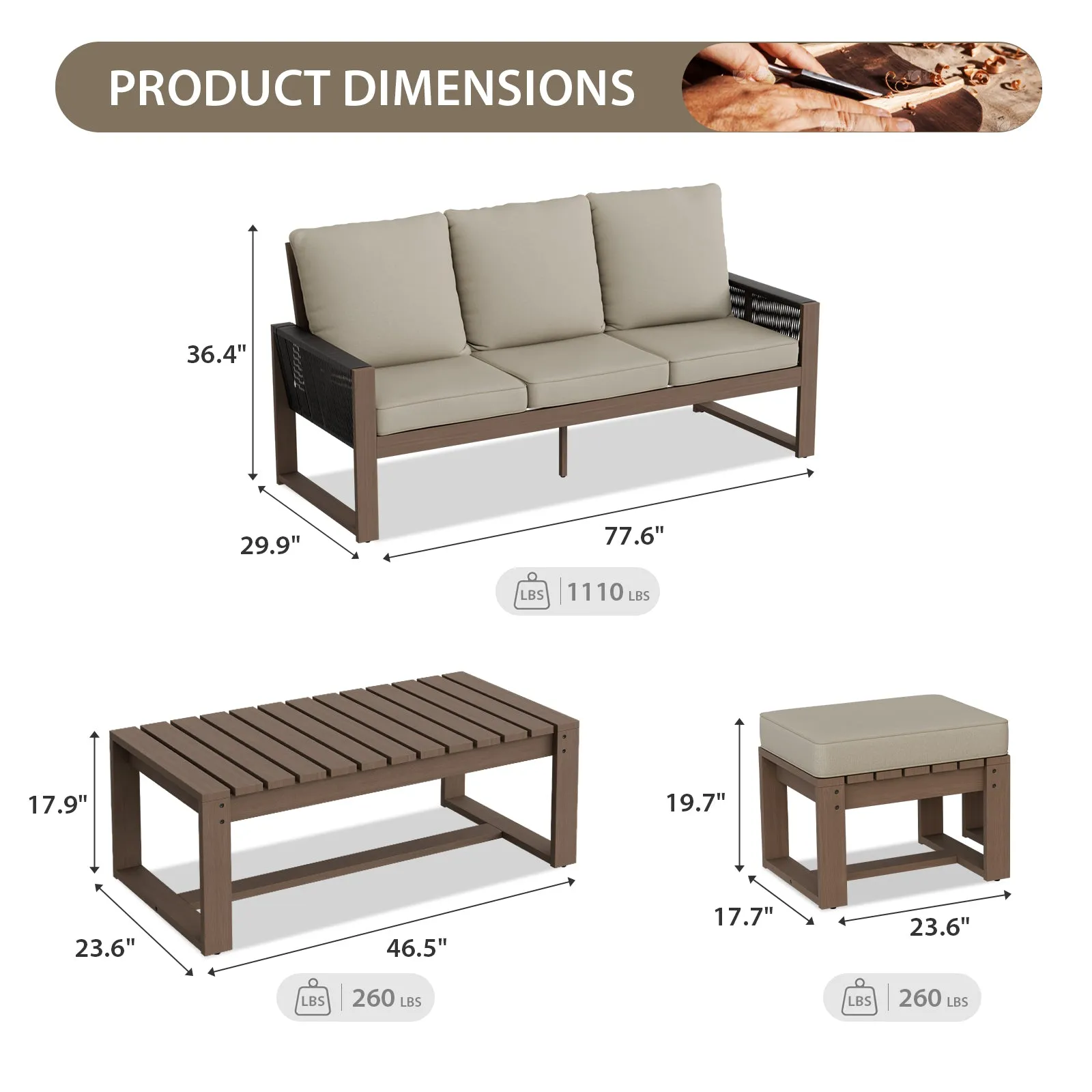 Natural Wood Furniture Set, Sofa, 2 Ottomans and Coffee Table, 4 Pieces