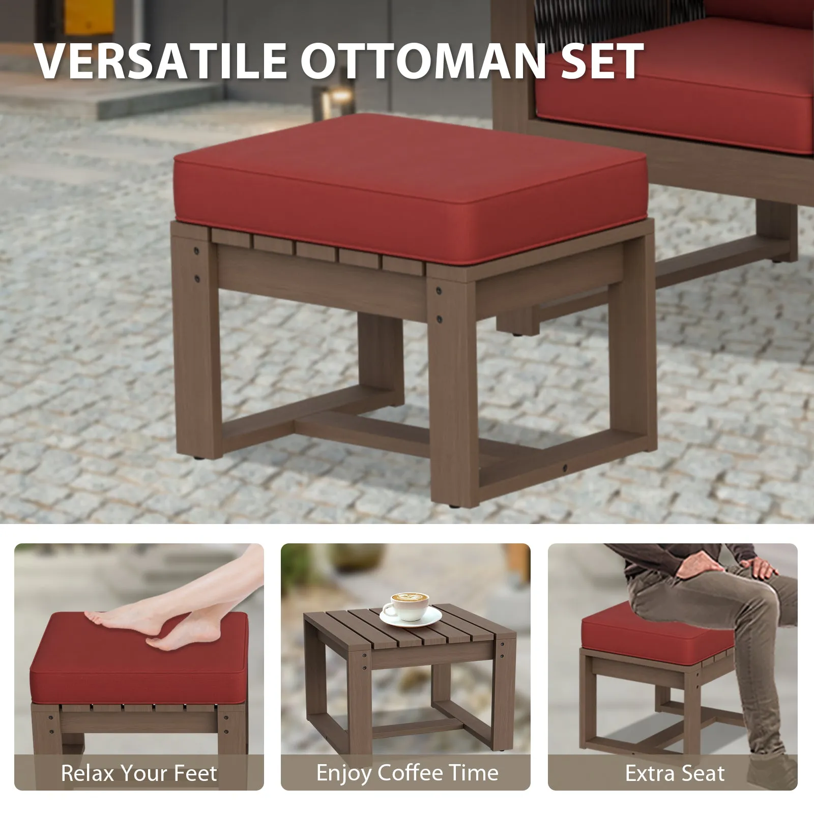 Natural Wood Furniture Set, Sofa, 2 Ottomans and Coffee Table, 4 Pieces