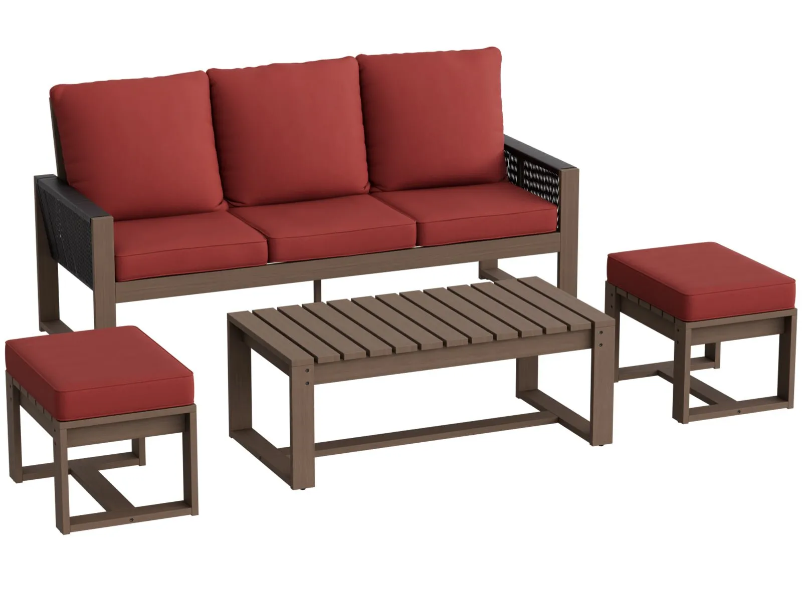 Natural Wood Furniture Set, Sofa, 2 Ottomans and Coffee Table, 4 Pieces