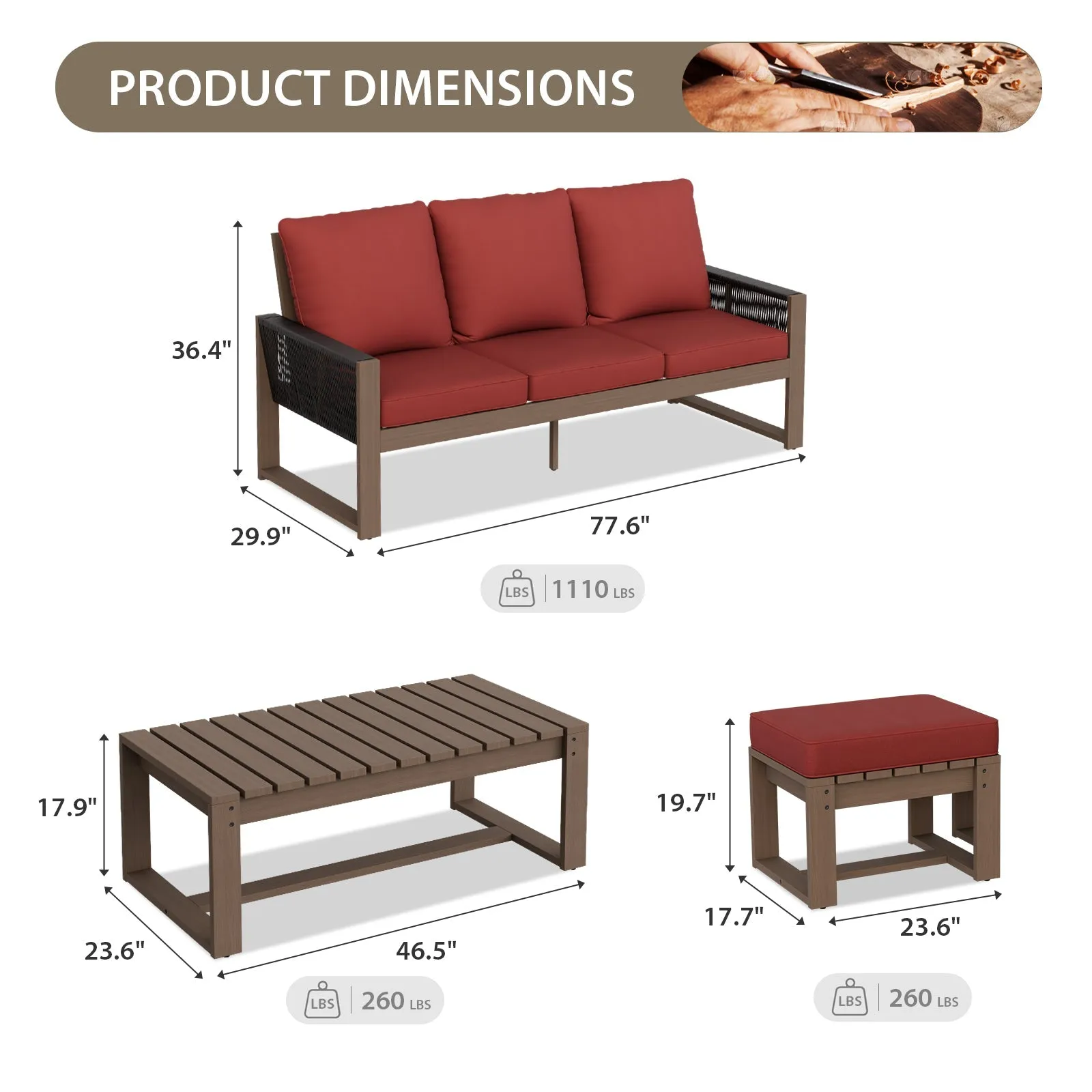 Natural Wood Furniture Set, Sofa, 2 Ottomans and Coffee Table, 4 Pieces