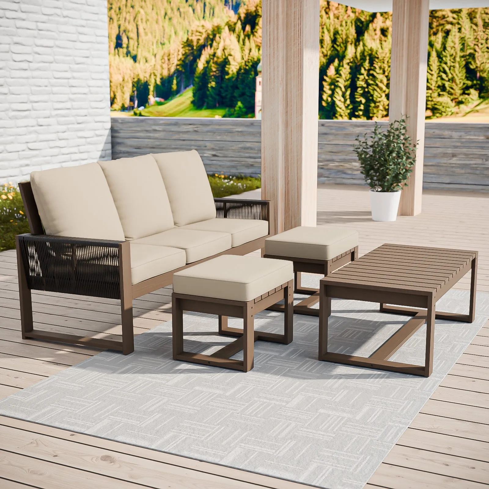 Natural Wood Furniture Set, Sofa, 2 Ottomans and Coffee Table, 4 Pieces