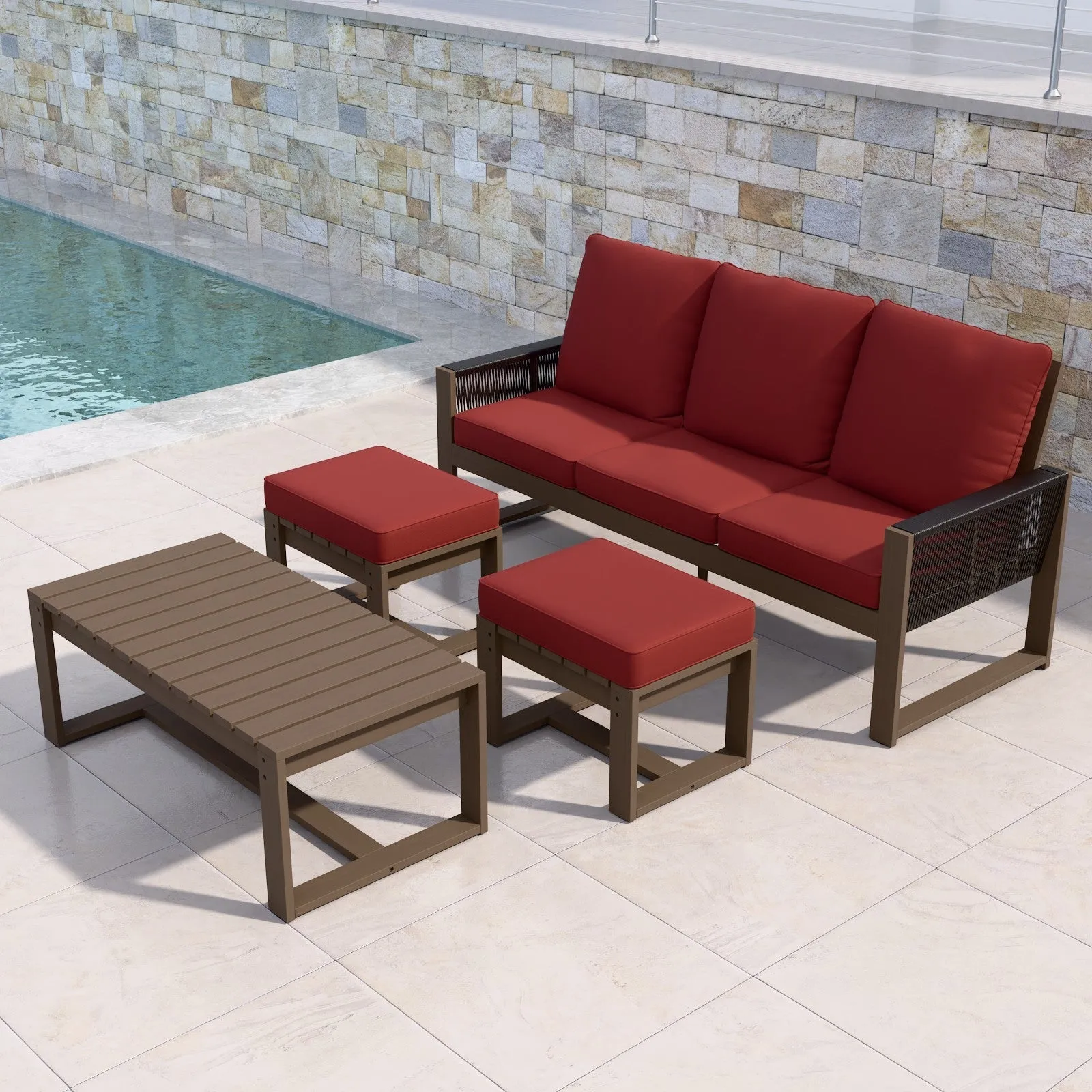 Natural Wood Furniture Set, Sofa, 2 Ottomans and Coffee Table, 4 Pieces