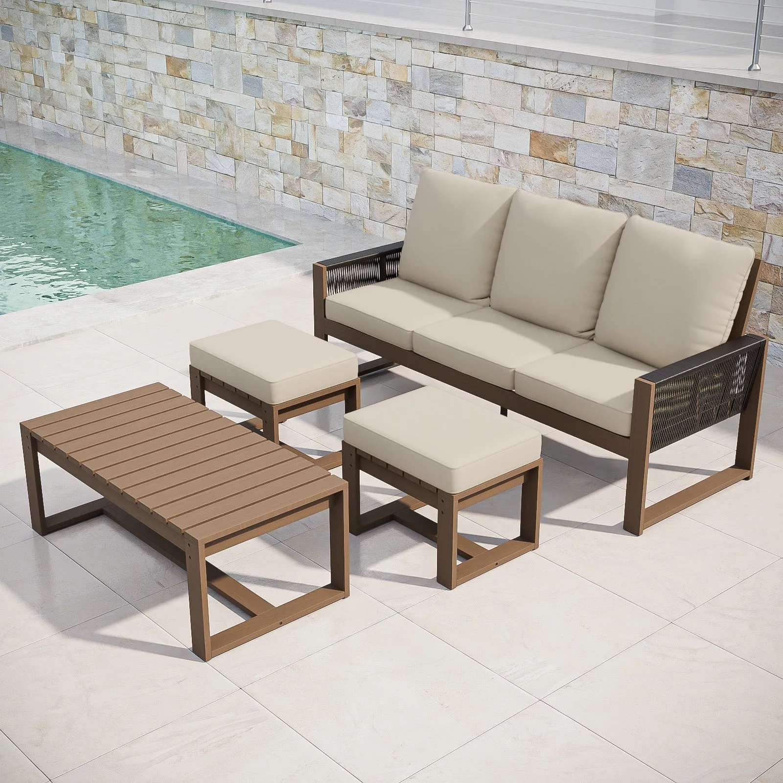 Natural Wood Furniture Set, Sofa, 2 Ottomans and Coffee Table, 4 Pieces