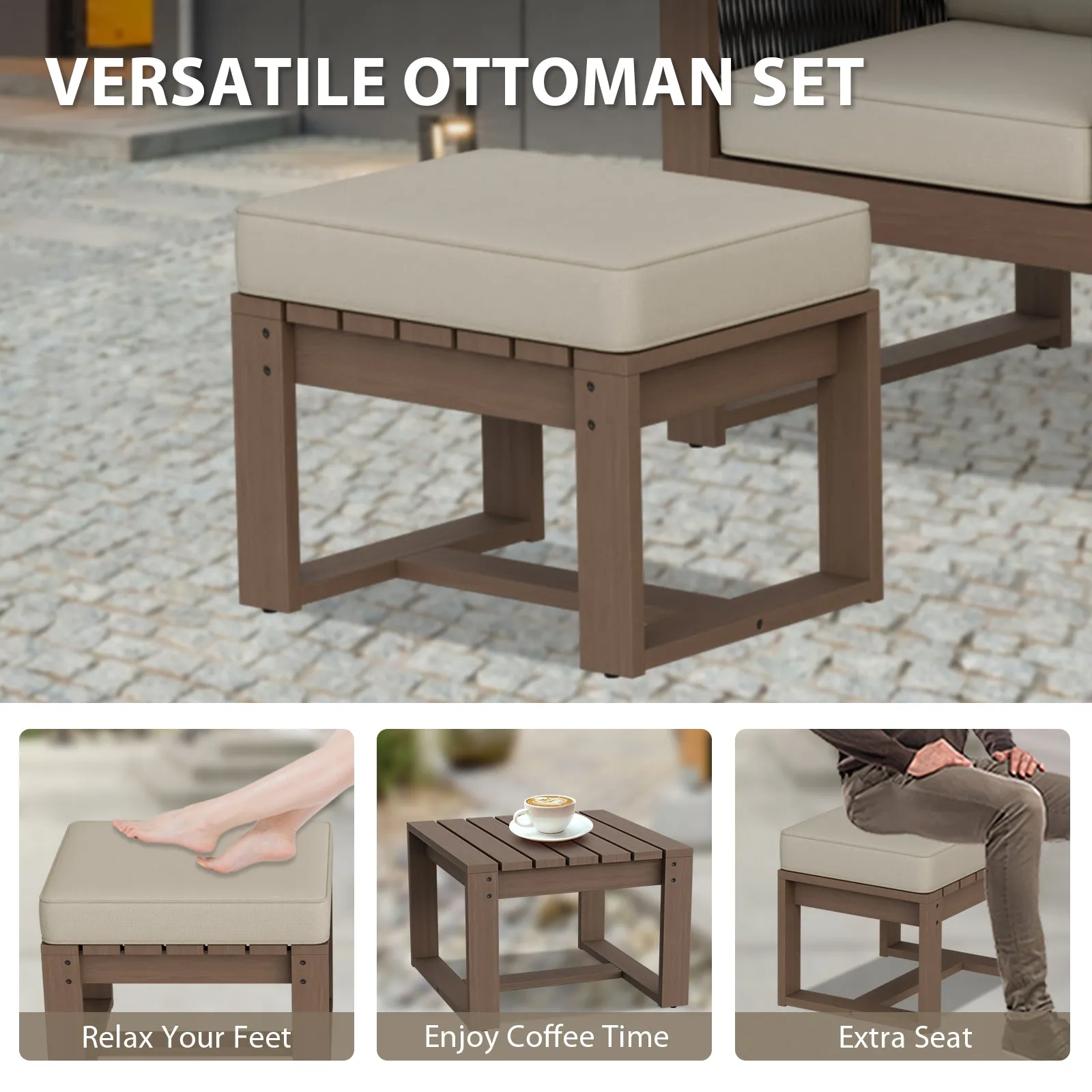 Natural Wood Furniture Set, Sofa, 2 Ottomans and Coffee Table, 4 Pieces
