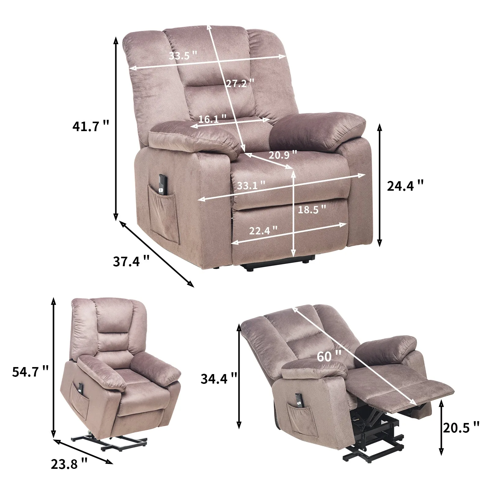 Power Lift Microfiber Electric Recliner Chair for Elderly with Side Pockets, Remote Control Living Room Chair (Brown)