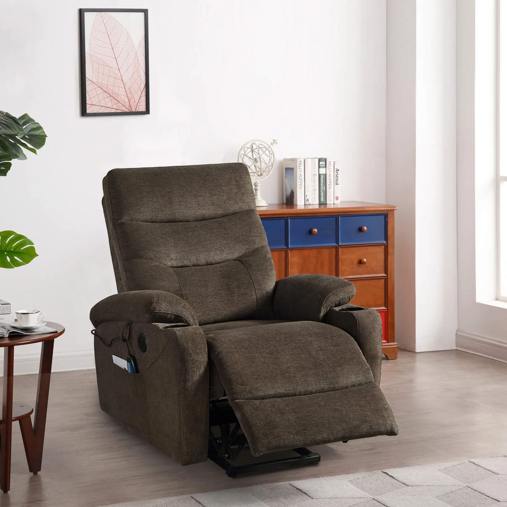 Power Lift Recliner Chair with Massage and Heat for Elderly Electric Recliner Lift Chair with 2 Side Pockets, Cup Holders, USB Port for Living Room, Dark Brown