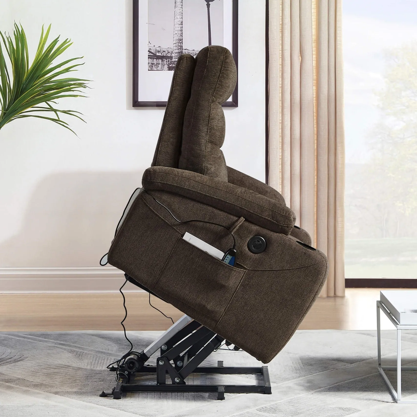 Power Lift Recliner Chair with Massage and Heat for Elderly Electric Recliner Lift Chair with 2 Side Pockets, Cup Holders, USB Port for Living Room, Dark Brown