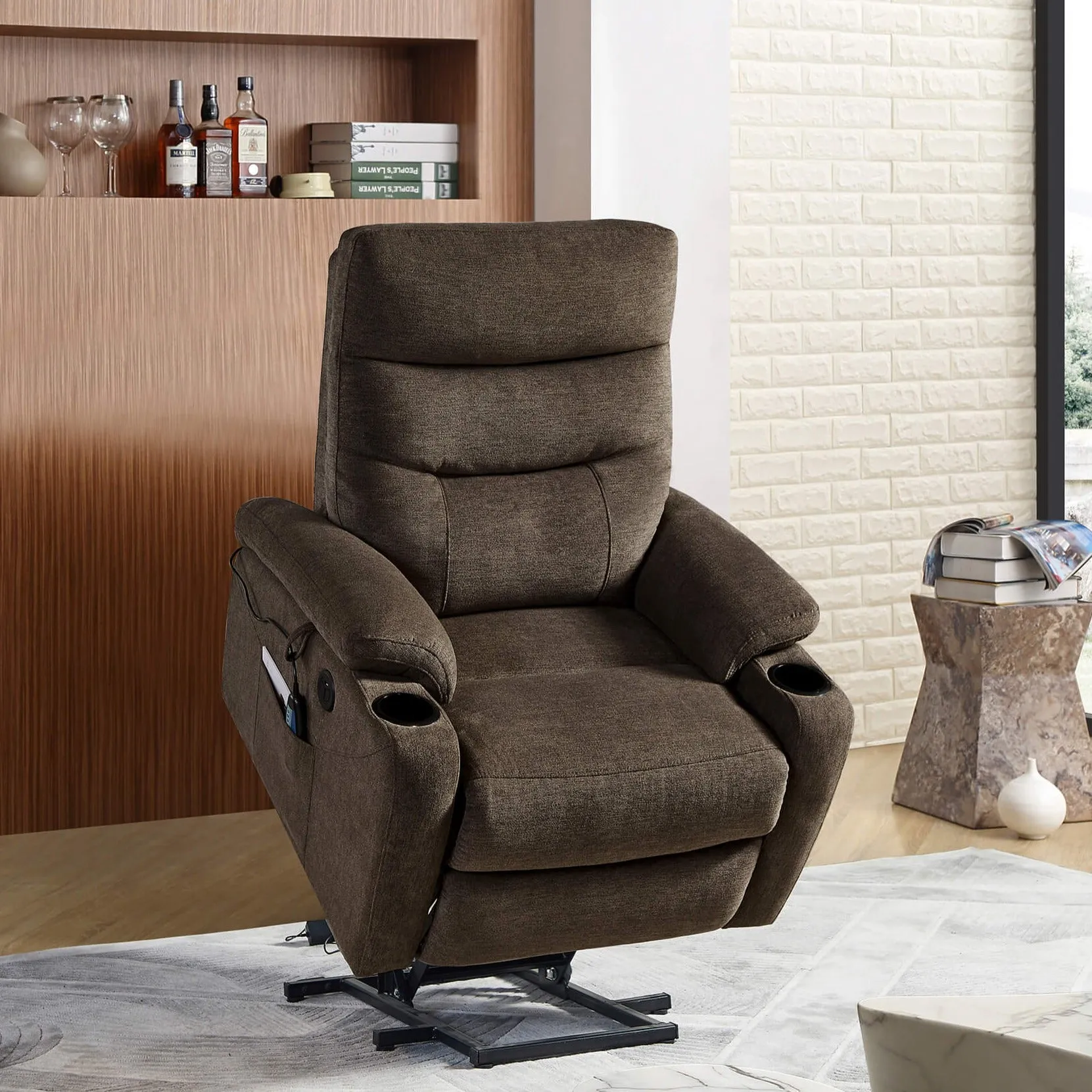 Power Lift Recliner Chair with Massage and Heat for Elderly Electric Recliner Lift Chair with 2 Side Pockets, Cup Holders, USB Port for Living Room, Dark Brown