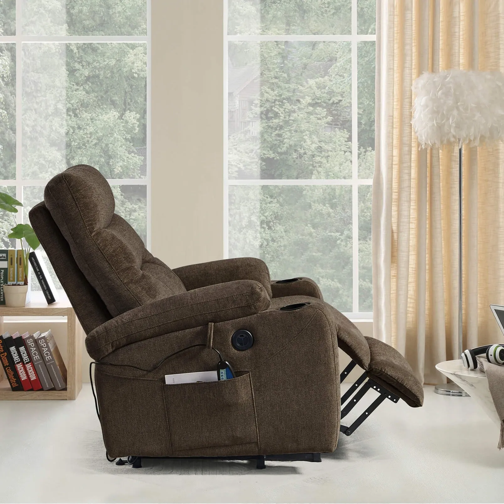 Power Lift Recliner Chair with Massage and Heat for Elderly Electric Recliner Lift Chair with 2 Side Pockets, Cup Holders, USB Port for Living Room, Dark Brown