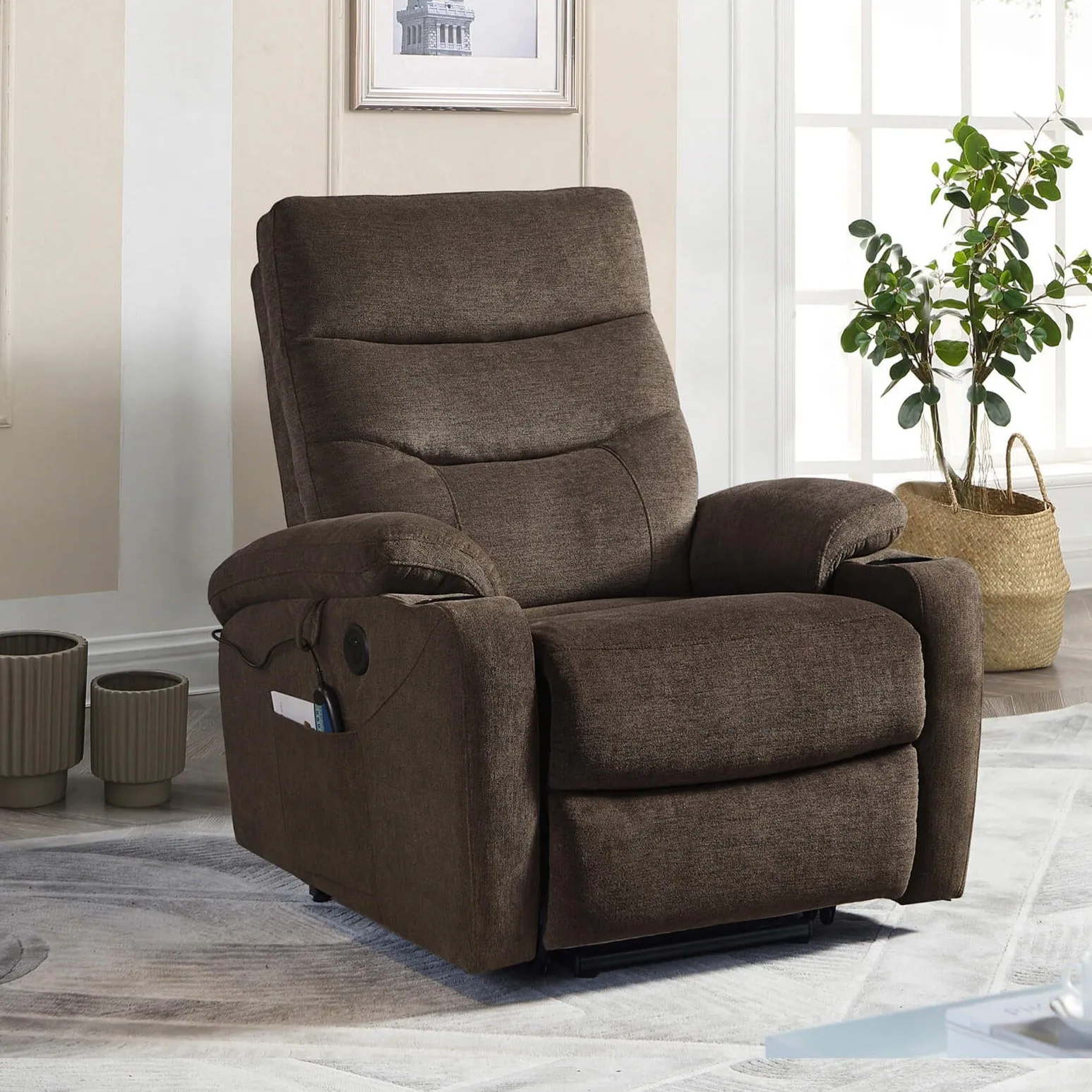 Power Lift Recliner Chair with Massage and Heat for Elderly Electric Recliner Lift Chair with 2 Side Pockets, Cup Holders, USB Port for Living Room, Dark Brown