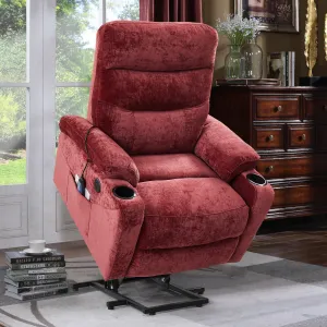 Power Lift Recliner Chair with Massage and Heat for Elderly Electric Recliner Lift Chair with 2 Side Pockets, Cup Holders, USB Port for Living Room, Red