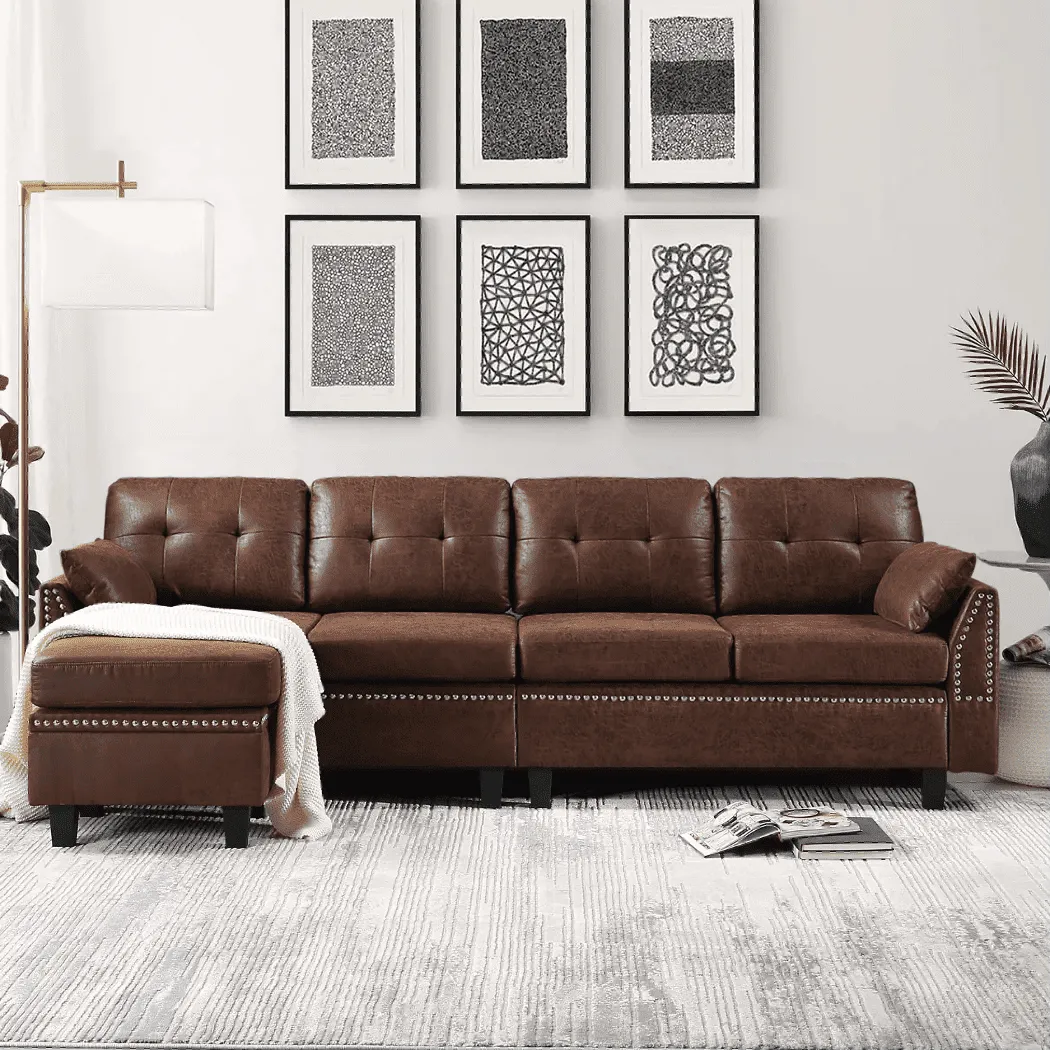 Viatol High Back Couch Mid-century Suede Leather Wood Legs Chaise Sofa