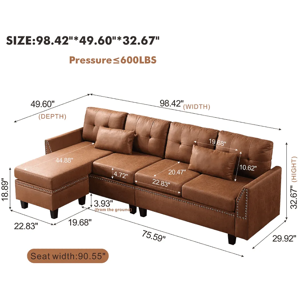 Viatol High Back Couch Mid-century Suede Leather Wood Legs Chaise Sofa