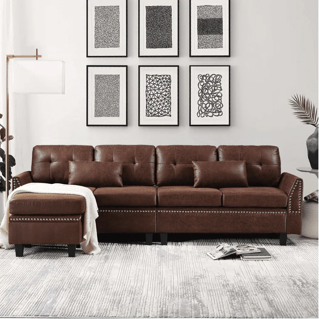 Viatol High Back Couch Mid-century Suede Leather Wood Legs Chaise Sofa