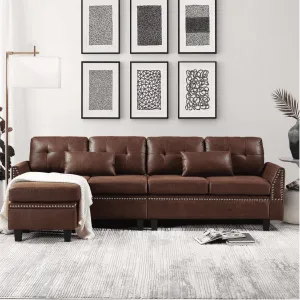 Viatol High Back Couch Mid-century Suede Leather Wood Legs Chaise Sofa