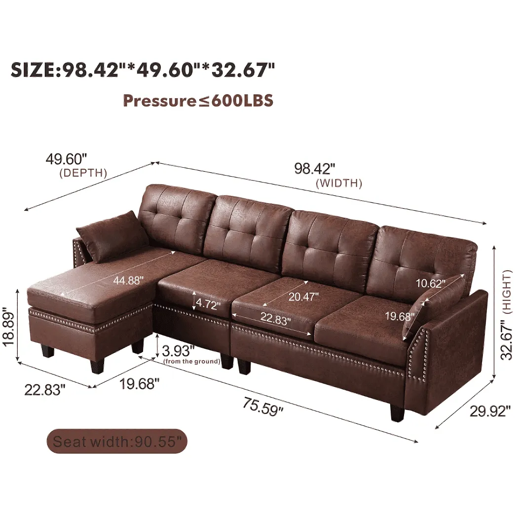 Viatol High Back Couch Mid-century Suede Leather Wood Legs Chaise Sofa