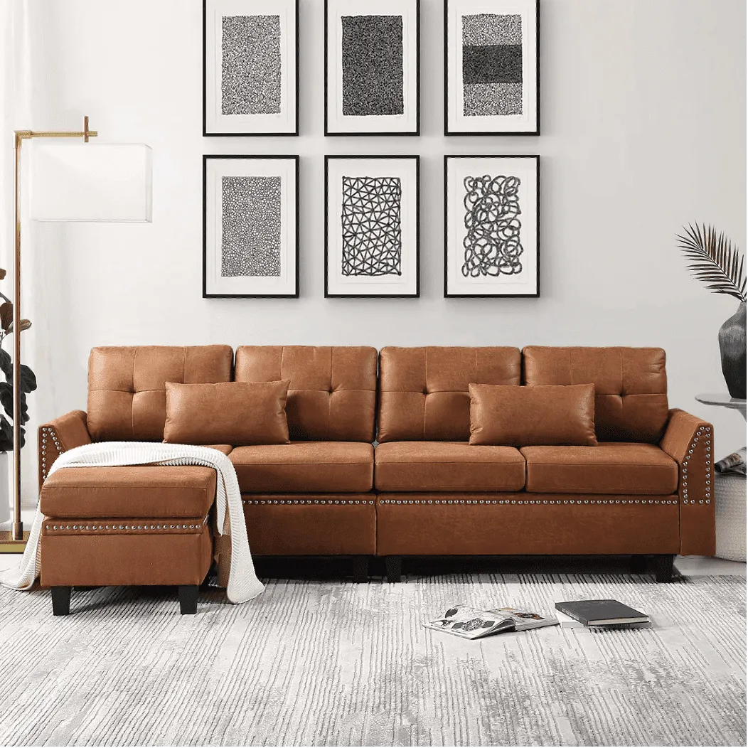Viatol High Back Couch Mid-century Suede Leather Wood Legs Chaise Sofa