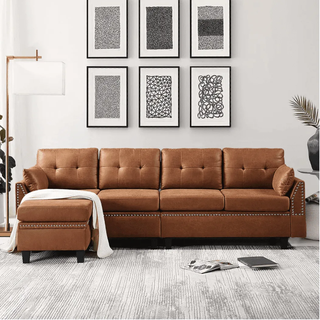 Viatol High Back Couch Mid-century Suede Leather Wood Legs Chaise Sofa
